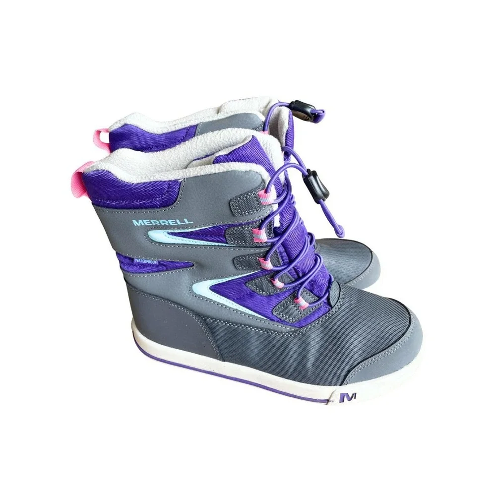 Merrell Snow Bank Waterproof Insulated Winter Boots Gray Purple Kid's US 5